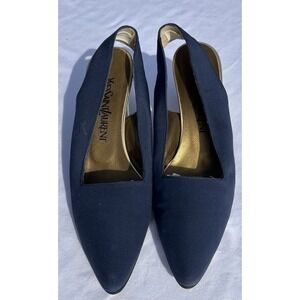 YSL Yves Saint Laurent Navy Blue Satin Slingback Heels Size 7.5N‎ 2.5" Pumps